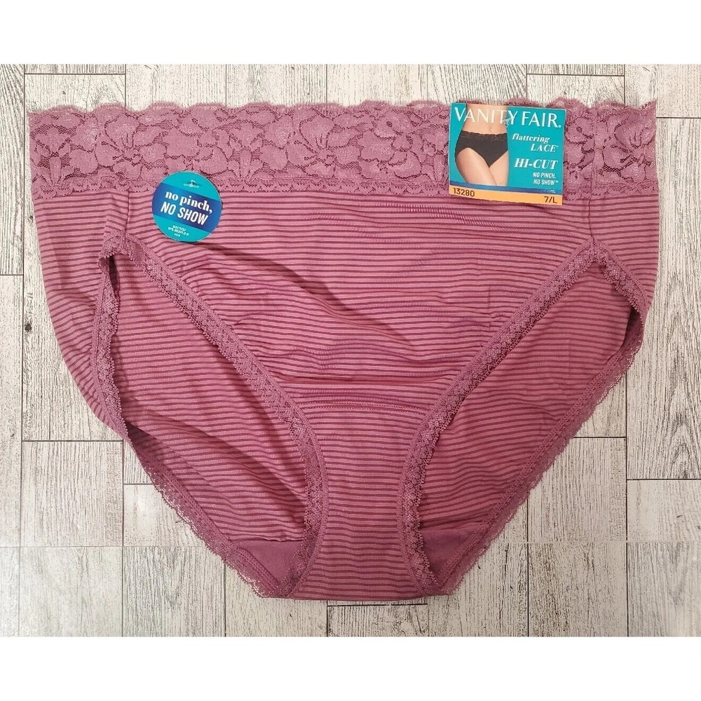 Vanity Fair Hi-Cut 7 Large Womens Flattering Lace No Pinch Berry Glaze Stripe